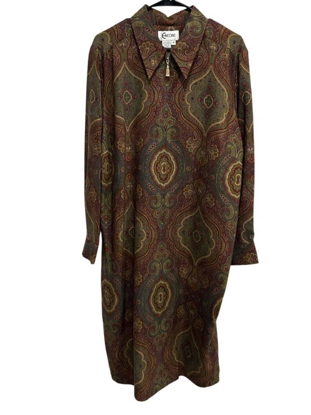 Encore 14 Paisley Brown Wool Long Sleeve Shirt Dress Dark Academia Vintage
